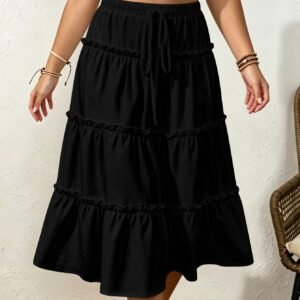 Drawstring Elastic Waist Loose Slimming Midi Tiered Skirt